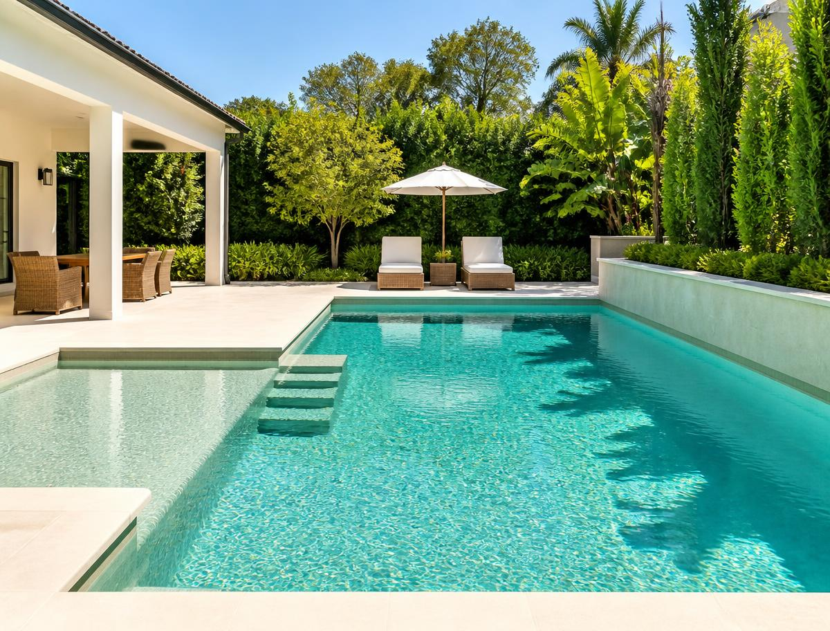 Pristine residential swimming pool with clear turquoise water on a sunny day