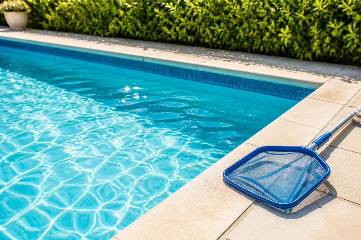 Sparkling clean swimming pool with skimmer net on the deck