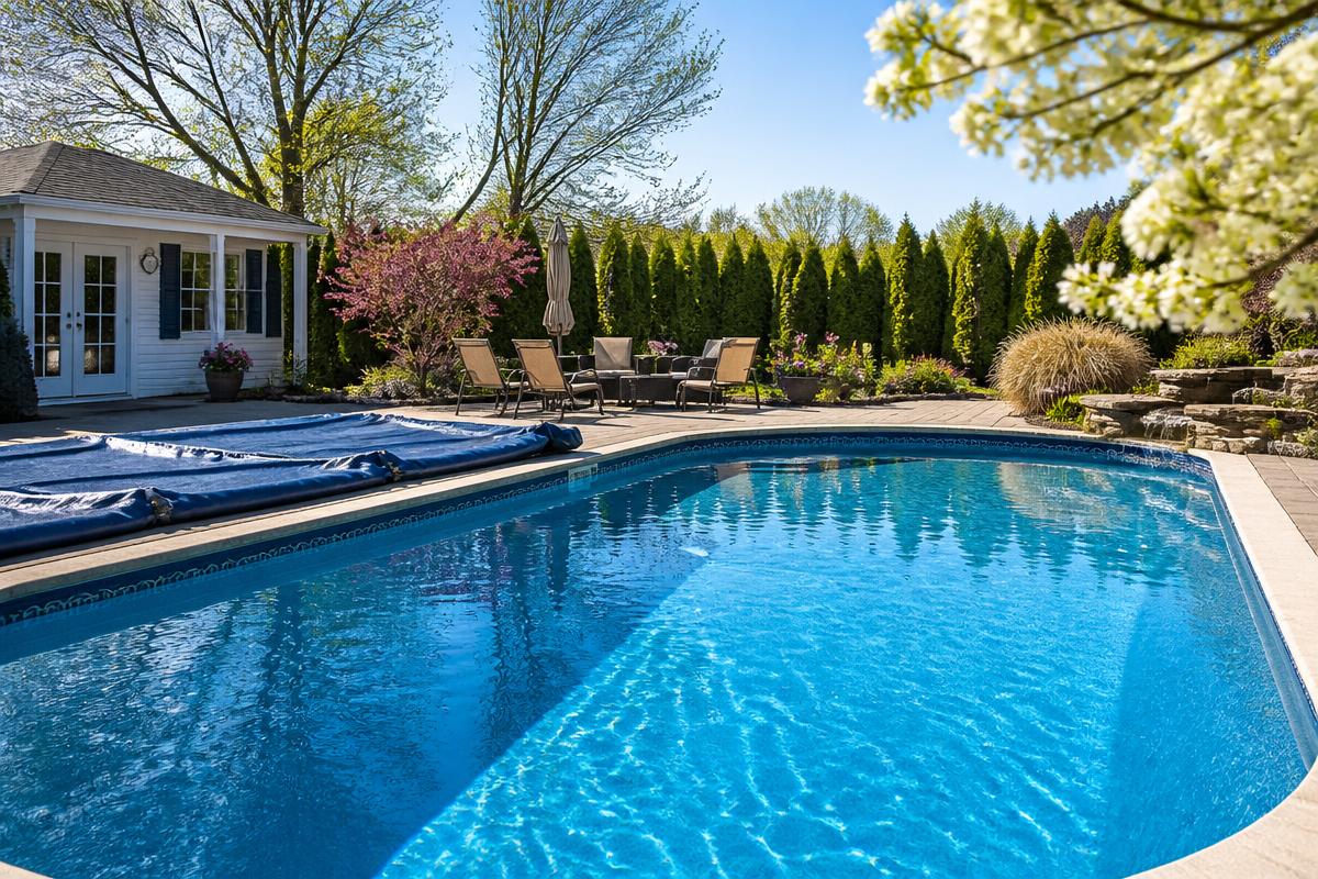 Backyard pool being opened for spring with clear blue water and pool cover