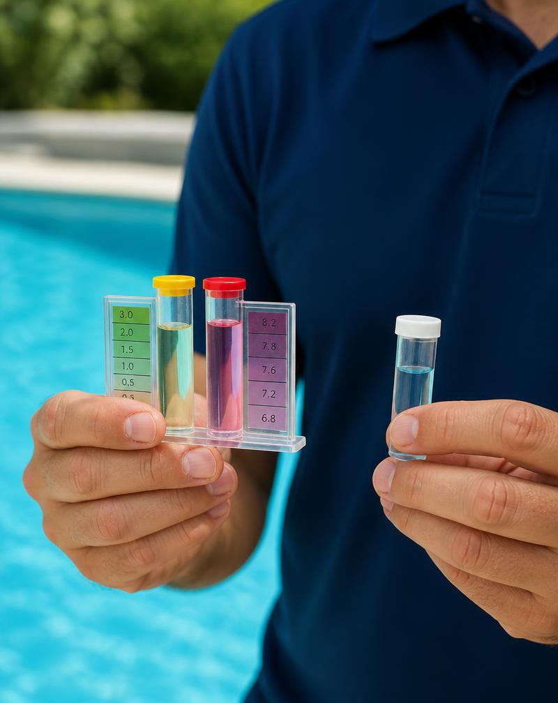 Certified pool technician testing water quality with a professional testing kit